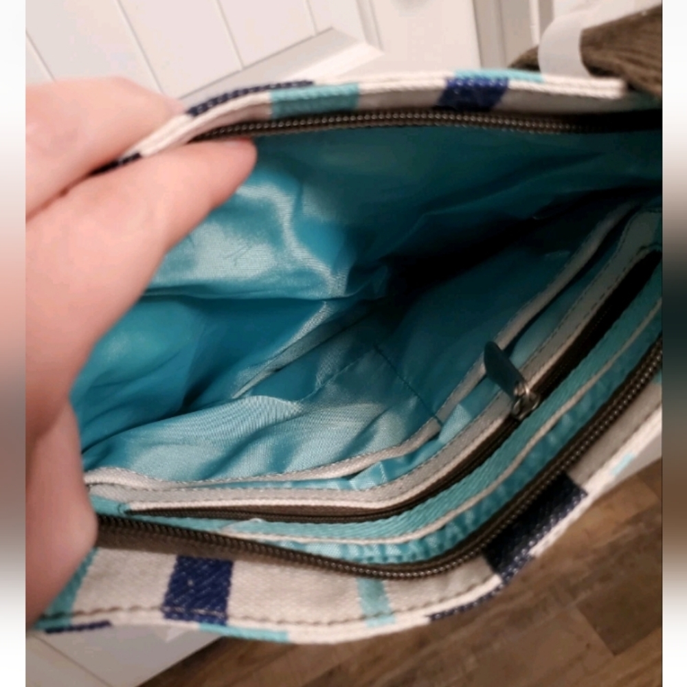 Thirty One Organizing Crossbody Tote In Blue Twill Stripe Adjustable And Pockets - Picture 7 of 17